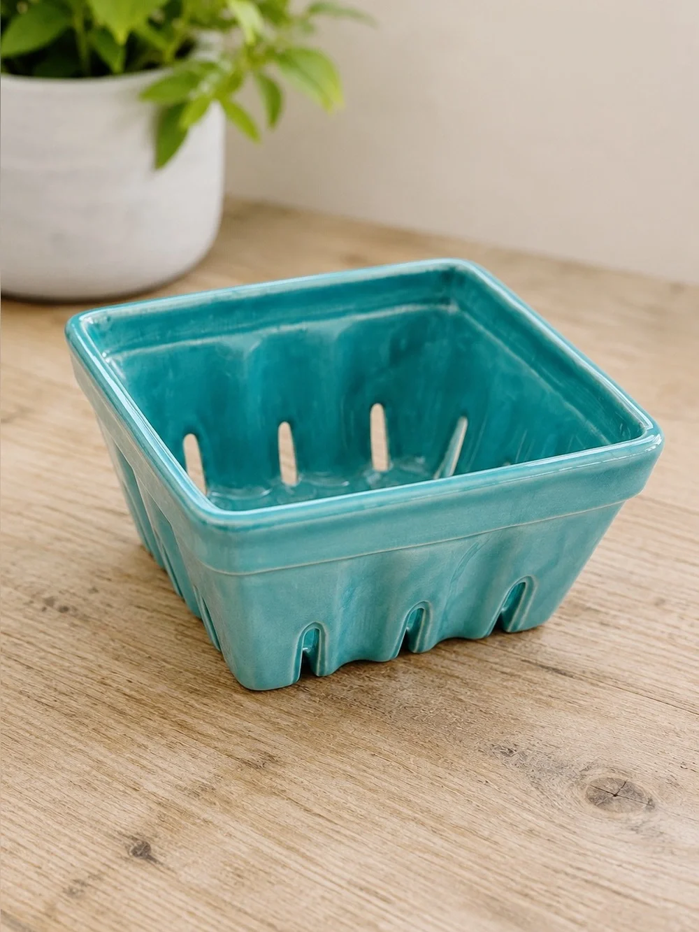 Anthropologie Biscuit Berry Basket Bowl Aqua Blue Stoneware 5.5” Square